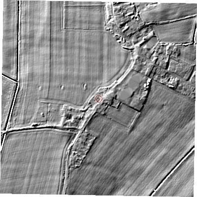 Shaded relief map of the ground around DN174QW, computed from Environment Agency LiDAR. The ground here sits at about 3 m above sea level and falls 6 m across the surrounding 800 m. Surface water reaching this point runs off ground lying to the east-north-east, 1.0 m higher.