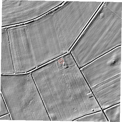 Shaded relief map of the ground around DN174QX, computed from Environment Agency LiDAR. The ground here sits at about 2 m above sea level and falls 4 m across the surrounding 800 m. Surface water reaching this point runs off ground lying to the north-north-west, 0.5 m higher.