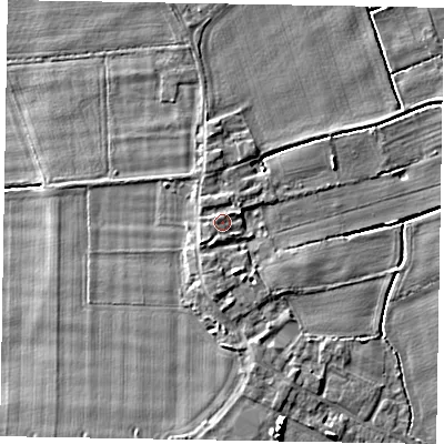 Shaded relief map of the ground around DN174QY, computed from Environment Agency LiDAR. The ground here sits at about 4 m above sea level and falls 6 m across the surrounding 800 m. Surface water reaching this point runs off ground lying to the north-west, 1.0 m higher.