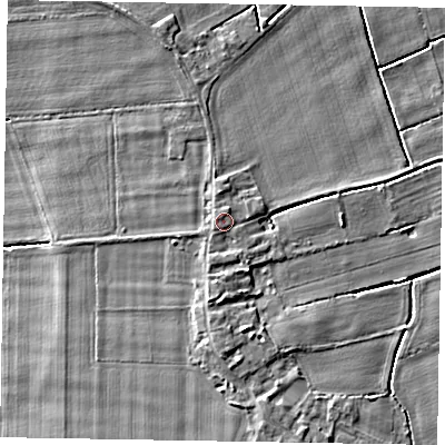 Shaded relief map of the ground around DN174QZ, computed from Environment Agency LiDAR. The ground here sits at about 4 m above sea level and falls 5 m across the surrounding 800 m. Surface water reaching this point runs off ground lying to the south-south-west, 1.1 m higher.