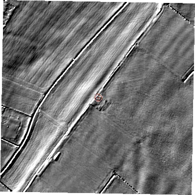 Shaded relief map of the ground around DN174RA, computed from Environment Agency LiDAR. The ground here sits at about 3 m above sea level and falls 5 m across the surrounding 800 m. The ground contributing surface water to this point lies to the south-west.