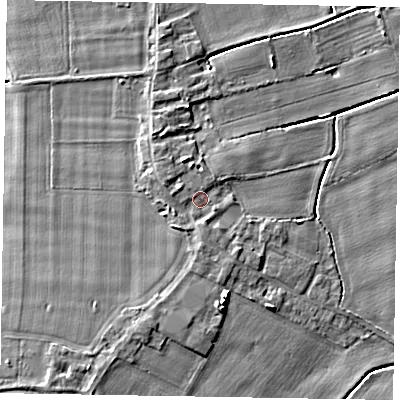Shaded relief map of the ground around DN174RB, computed from Environment Agency LiDAR. The ground here sits at about 4 m above sea level and falls 6 m across the surrounding 800 m. Surface water reaching this point runs off ground lying to the west-north-west, 1.4 m higher.