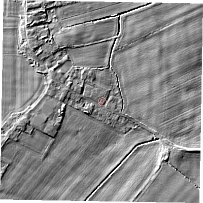 Shaded relief map of the ground around DN174RD, computed from Environment Agency LiDAR. The ground here sits at about 3 m above sea level and falls 6 m across the surrounding 800 m. Surface water reaching this point runs off ground lying to the west-north-west, 1.7 m higher.