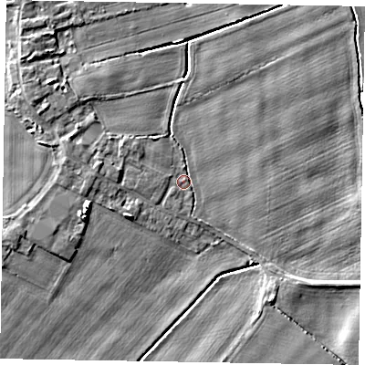 Shaded relief map of the ground around DN174RF, computed from Environment Agency LiDAR. The ground here sits at about 2 m above sea level and falls 6 m across the surrounding 800 m. Surface water reaching this point runs off ground lying to the west, 2.7 m higher.