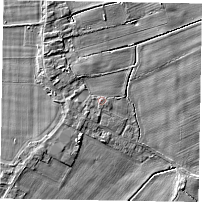 Shaded relief map of the ground around DN174RL, computed from Environment Agency LiDAR. The ground here sits at about 3 m above sea level and falls 6 m across the surrounding 800 m. Surface water reaching this point runs off ground lying to the south-west, 1.4 m higher.