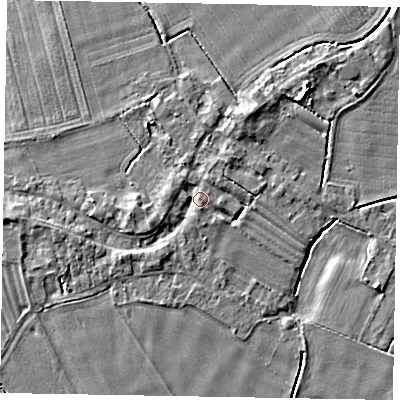 Shaded relief map of the ground around DN174RP, computed from Environment Agency LiDAR. The ground here sits at about 4 m above sea level and falls 6 m across the surrounding 800 m. Surface water reaching this point runs off ground lying to the west-south-west, 1.8 m higher.