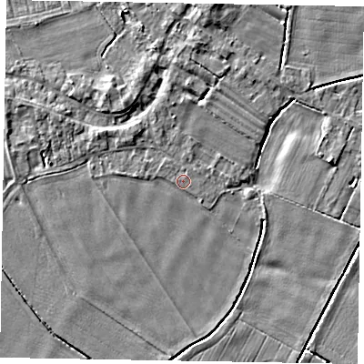 Shaded relief map of the ground around DN174RS, computed from Environment Agency LiDAR. The ground here sits at about 3 m above sea level and falls 4 m across the surrounding 800 m. Surface water reaching this point runs off ground lying to the north-west, 1.4 m higher.