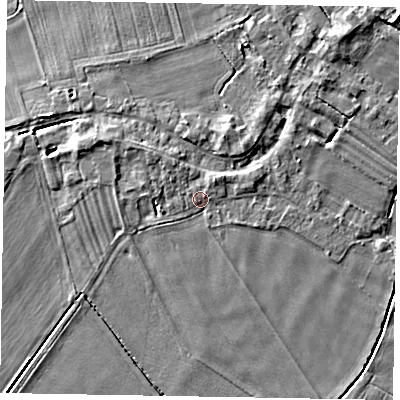 Shaded relief map of the ground around DN174RU, computed from Environment Agency LiDAR. The ground here sits at about 4 m above sea level and falls 6 m across the surrounding 800 m. Surface water reaching this point runs off ground lying to the north-west, 1.9 m higher.