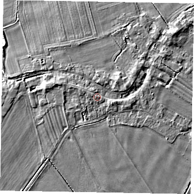 Shaded relief map of the ground around DN174RX, computed from Environment Agency LiDAR. The ground here sits at about 4 m above sea level and falls 5 m across the surrounding 800 m. Surface water reaching this point runs off ground lying to the north-east, 2.3 m higher.