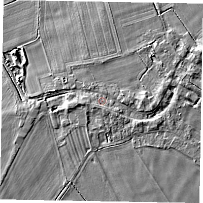 Shaded relief map of the ground around DN174RY, computed from Environment Agency LiDAR. The ground here sits at about 4 m above sea level and falls 5 m across the surrounding 800 m. Surface water reaching this point runs off ground lying to the east, 2.3 m higher.