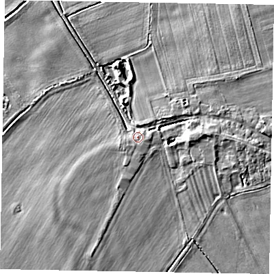 Shaded relief map of the ground around DN174RZ, computed from Environment Agency LiDAR. The ground here sits at about 3 m above sea level and falls 5 m across the surrounding 800 m. Surface water reaching this point runs off ground lying to the east-north-east, 3.9 m higher.