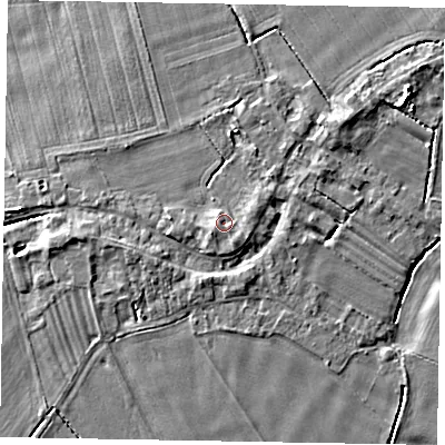 Shaded relief map of the ground around DN174SA, computed from Environment Agency LiDAR. The ground here sits at about 4 m above sea level and falls 6 m across the surrounding 800 m. Surface water reaching this point runs off ground lying to the south-south-east, 1.4 m higher.