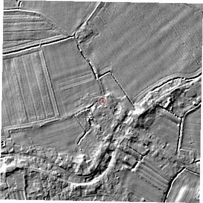 Shaded relief map of the ground around DN174SB, computed from Environment Agency LiDAR. The ground here sits at about 3 m above sea level and falls 6 m across the surrounding 800 m. Surface water reaching this point runs off ground lying to the west-south-west, 1.3 m higher.