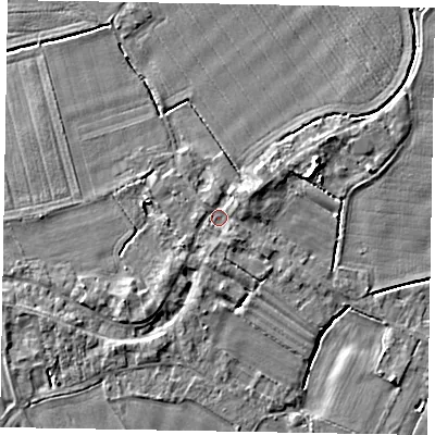 Shaded relief map of the ground around DN174SD, computed from Environment Agency LiDAR. The ground here sits at about 4 m above sea level and falls 6 m across the surrounding 800 m. Surface water reaching this point runs off ground lying to the north-east, 1.8 m higher.
