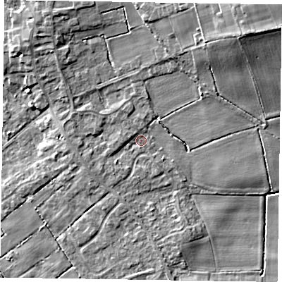 Shaded relief map of the ground around DN174TB, computed from Environment Agency LiDAR. The ground here sits at about 3 m above sea level and falls 13 m across the surrounding 800 m. Surface water reaching this point runs off ground lying to the north-north-east, 7.3 m higher.