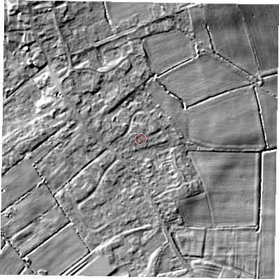 Shaded relief map of the ground around DN174TD, computed from Environment Agency LiDAR. The ground here sits at about 4 m above sea level and falls 10 m across the surrounding 800 m. Surface water reaching this point runs off ground lying to the west-north-west, 1.2 m higher.
