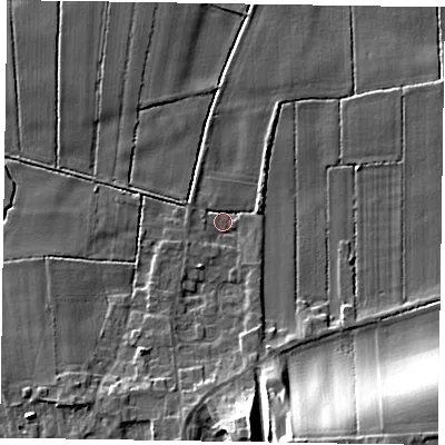 Shaded relief map of the ground around DN174TE, computed from Environment Agency LiDAR. The ground here sits at about 3 m above sea level and falls 20 m across the surrounding 800 m. Surface water reaching this point runs off ground lying to the south, 5.9 m higher.