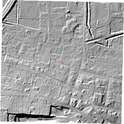 Shaded relief map of the ground around DN185AP, computed from Environment Agency LiDAR. The ground here sits at about 5 m above sea level and falls 26 m across the surrounding 800 m. Surface water reaching this point runs off ground lying to the south-west, 17.5 m higher.