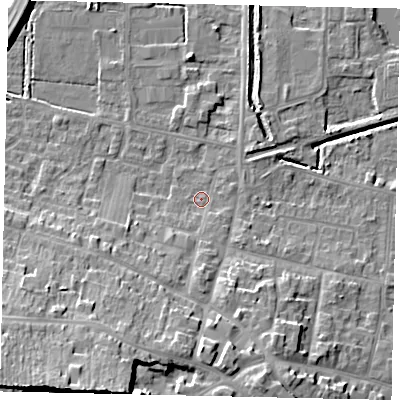 Shaded relief map of the ground around DN185AR, computed from Environment Agency LiDAR. The ground here sits at about 4 m above sea level and falls 23 m across the surrounding 800 m. Surface water reaching this point runs off ground lying to the south-south-west, 16.7 m higher.