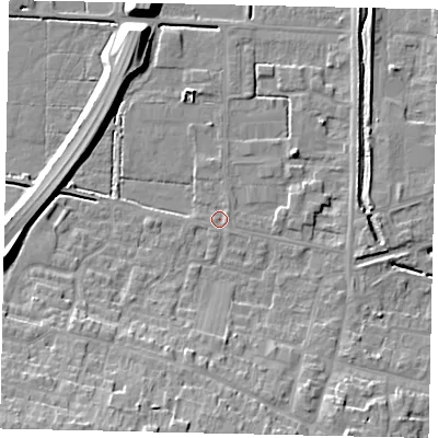 Shaded relief map of the ground around DN185AU, computed from Environment Agency LiDAR. The ground here sits at about 3 m above sea level and falls 17 m across the surrounding 800 m. Surface water reaching this point runs off ground lying to the south-west, 14.0 m higher.
