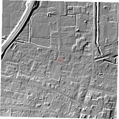 Shaded relief map of the ground around DN185AX, computed from Environment Agency LiDAR. The ground here sits at about 4 m above sea level and falls 20 m across the surrounding 800 m. Surface water reaching this point runs off ground lying to the south-south-west, 16.8 m higher.