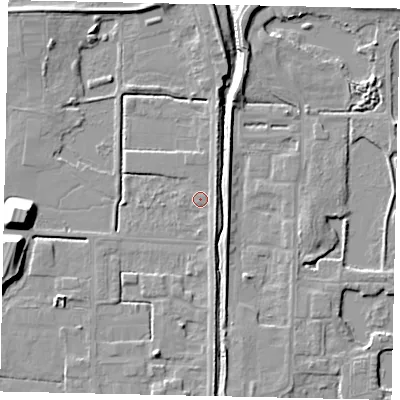 Shaded relief map of the ground around DN185BA, computed from Environment Agency LiDAR. The ground here sits at about 4 m above sea level and falls 12 m across the surrounding 800 m. Surface water reaching this point runs off ground lying to the east-south-east, 2.7 m higher.