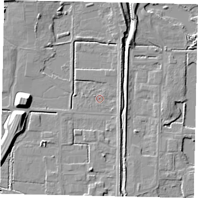 Shaded relief map of the ground around DN185BB, computed from Environment Agency LiDAR. The ground here sits at about 3 m above sea level and falls 12 m across the surrounding 800 m. Surface water reaching this point runs off ground lying to the east, 3.6 m higher.