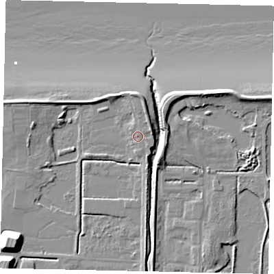 Shaded relief map of the ground around DN185BD, computed from Environment Agency LiDAR. The ground here sits at about 5 m above sea level and falls 15 m across the surrounding 800 m. Surface water reaching this point runs off ground lying to the east-north-east, 1.4 m higher.