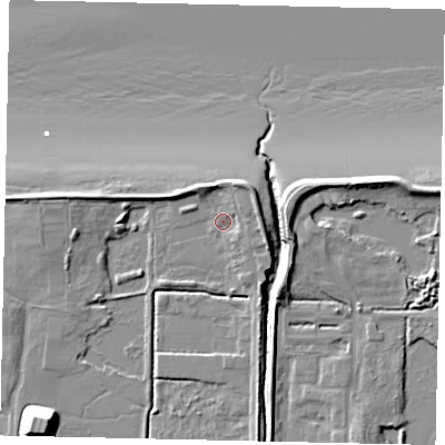 Shaded relief map of the ground around DN185BE, computed from Environment Agency LiDAR. The ground here sits at about 4 m above sea level and falls 15 m across the surrounding 800 m. Surface water reaching this point runs off ground lying to the east-north-east, 2.5 m higher.