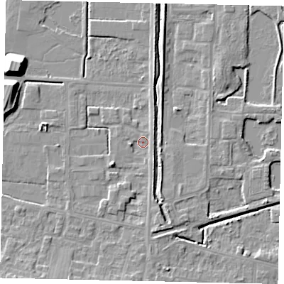 Shaded relief map of the ground around DN185BG, computed from Environment Agency LiDAR. The ground here sits at about 4 m above sea level and falls 11 m across the surrounding 800 m. Surface water reaching this point runs off ground lying to the south-west, 2.2 m higher.