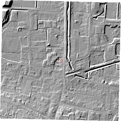 Shaded relief map of the ground around DN185BH, computed from Environment Agency LiDAR. The ground here sits at about 4 m above sea level and falls 13 m across the surrounding 800 m. Surface water reaching this point runs off ground lying to the north-east, 2.9 m higher.