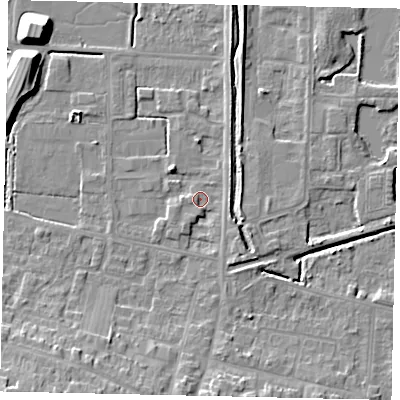 Shaded relief map of the ground around DN185BL, computed from Environment Agency LiDAR. The ground here sits at about 4 m above sea level and falls 12 m across the surrounding 800 m. Surface water reaching this point runs off ground lying to the east, 2.9 m higher.