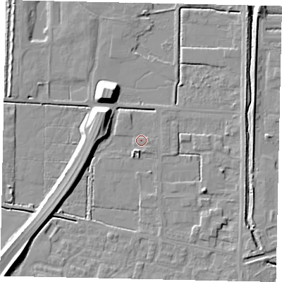 Shaded relief map of the ground around DN185BN, computed from Environment Agency LiDAR. The ground here sits at about 4 m above sea level and falls 12 m across the surrounding 800 m. Surface water reaching this point runs off ground lying to the east-south-east, 0.9 m higher.