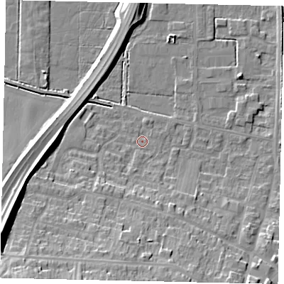 Shaded relief map of the ground around DN185BP, computed from Environment Agency LiDAR. The ground here sits at about 4 m above sea level and falls 22 m across the surrounding 800 m. Surface water reaching this point runs off ground lying to the south-west, 5.5 m higher.