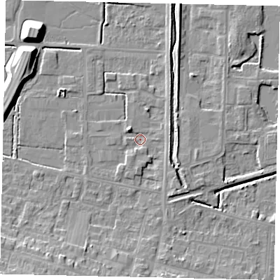 Shaded relief map of the ground around DN185BQ, computed from Environment Agency LiDAR. The ground here sits at about 3 m above sea level and falls 11 m across the surrounding 800 m. Surface water reaching this point runs off ground lying to the east-north-east, 3.0 m higher.