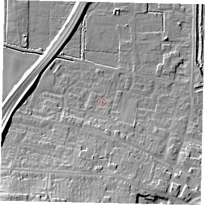 Shaded relief map of the ground around DN185BS, computed from Environment Agency LiDAR. The ground here sits at about 5 m above sea level and falls 27 m across the surrounding 800 m. Surface water reaching this point runs off ground lying to the south-south-west, 21.1 m higher.