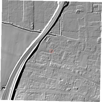 Shaded relief map of the ground around DN185BU, computed from Environment Agency LiDAR. The ground here sits at about 6 m above sea level and falls 29 m across the surrounding 800 m. Surface water reaching this point runs off ground lying to the south-south-west, 20.9 m higher.