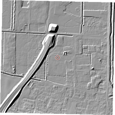 Shaded relief map of the ground around DN185BW, computed from Environment Agency LiDAR. The ground here sits at about 3 m above sea level and falls 14 m across the surrounding 800 m. The ground contributing surface water to this point lies to the east-north-east.