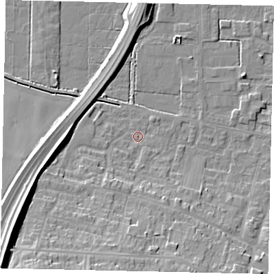 Shaded relief map of the ground around DN185BX, computed from Environment Agency LiDAR. The ground here sits at about 4 m above sea level and falls 27 m across the surrounding 800 m. Surface water reaching this point runs off ground lying to the south-south-west, 5.8 m higher.