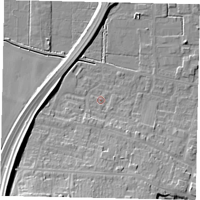 Shaded relief map of the ground around DN185BY, computed from Environment Agency LiDAR. The ground here sits at about 5 m above sea level and falls 30 m across the surrounding 800 m. Surface water reaching this point runs off ground lying to the south-west, 4.9 m higher.