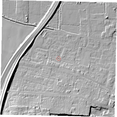 Shaded relief map of the ground around DN185BZ, computed from Environment Agency LiDAR. The ground here sits at about 6 m above sea level and falls 31 m across the surrounding 800 m. Surface water reaching this point runs off ground lying to the south-south-west, 22.7 m higher.