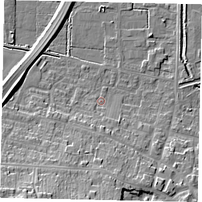 Shaded relief map of the ground around DN185EG, computed from Environment Agency LiDAR. The ground here sits at about 5 m above sea level and falls 27 m across the surrounding 800 m. Surface water reaching this point runs off ground lying to the south-south-west, 20.2 m higher.