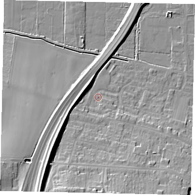 Shaded relief map of the ground around DN185EL, computed from Environment Agency LiDAR. The ground here sits at about 7 m above sea level and falls 30 m across the surrounding 800 m. Surface water reaching this point runs off ground lying to the south-south-west, 22.2 m higher.