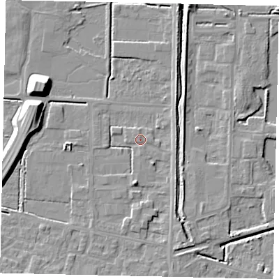 Shaded relief map of the ground around DN185EN, computed from Environment Agency LiDAR. The ground here sits at about 4 m above sea level and falls 11 m across the surrounding 800 m. Surface water reaching this point runs off ground lying to the east-south-east, 1.6 m higher.