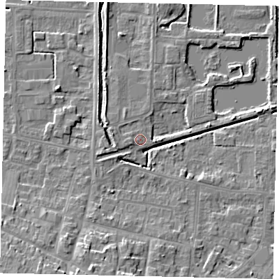 Shaded relief map of the ground around DN185FB, computed from Environment Agency LiDAR. The ground here sits at about 4 m above sea level and falls 12 m across the surrounding 800 m. Surface water reaching this point runs off ground lying to the west-south-west, 1.1 m higher.