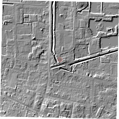 Shaded relief map of the ground around DN185FL, computed from Environment Agency LiDAR. The ground here sits at about 5 m above sea level and falls 13 m across the surrounding 800 m. Surface water reaching this point runs off ground lying to the north-west, 1.2 m higher.