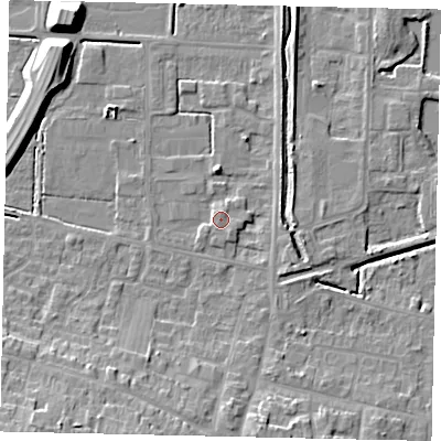 Shaded relief map of the ground around DN185FN, computed from Environment Agency LiDAR. The ground here sits at about 4 m above sea level and falls 13 m across the surrounding 800 m. Surface water reaching this point runs off ground lying to the south-west, 1.4 m higher.