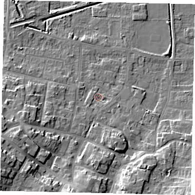 Shaded relief map of the ground around DN185FU, computed from Environment Agency LiDAR. The ground here sits at about 5 m above sea level and falls 15 m across the surrounding 800 m. Surface water reaching this point runs off ground lying to the west-south-west, 12.4 m higher.