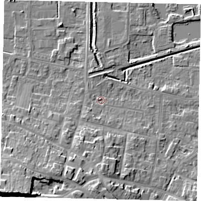 Shaded relief map of the ground around DN185FX, computed from Environment Agency LiDAR. The ground here sits at about 4 m above sea level and falls 20 m across the surrounding 800 m. Surface water reaching this point runs off ground lying to the south-west, 2.1 m higher.