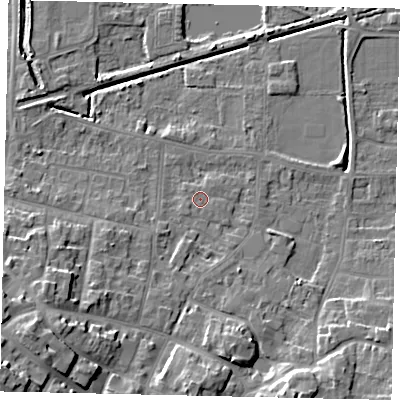 Shaded relief map of the ground around DN185GA, computed from Environment Agency LiDAR. The ground here sits at about 4 m above sea level and falls 15 m across the surrounding 800 m. The ground contributing surface water to this point lies to the south-south-east.